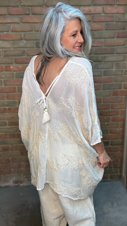 Natural Kimono Embroidery Top - Vintage Vault Boutique