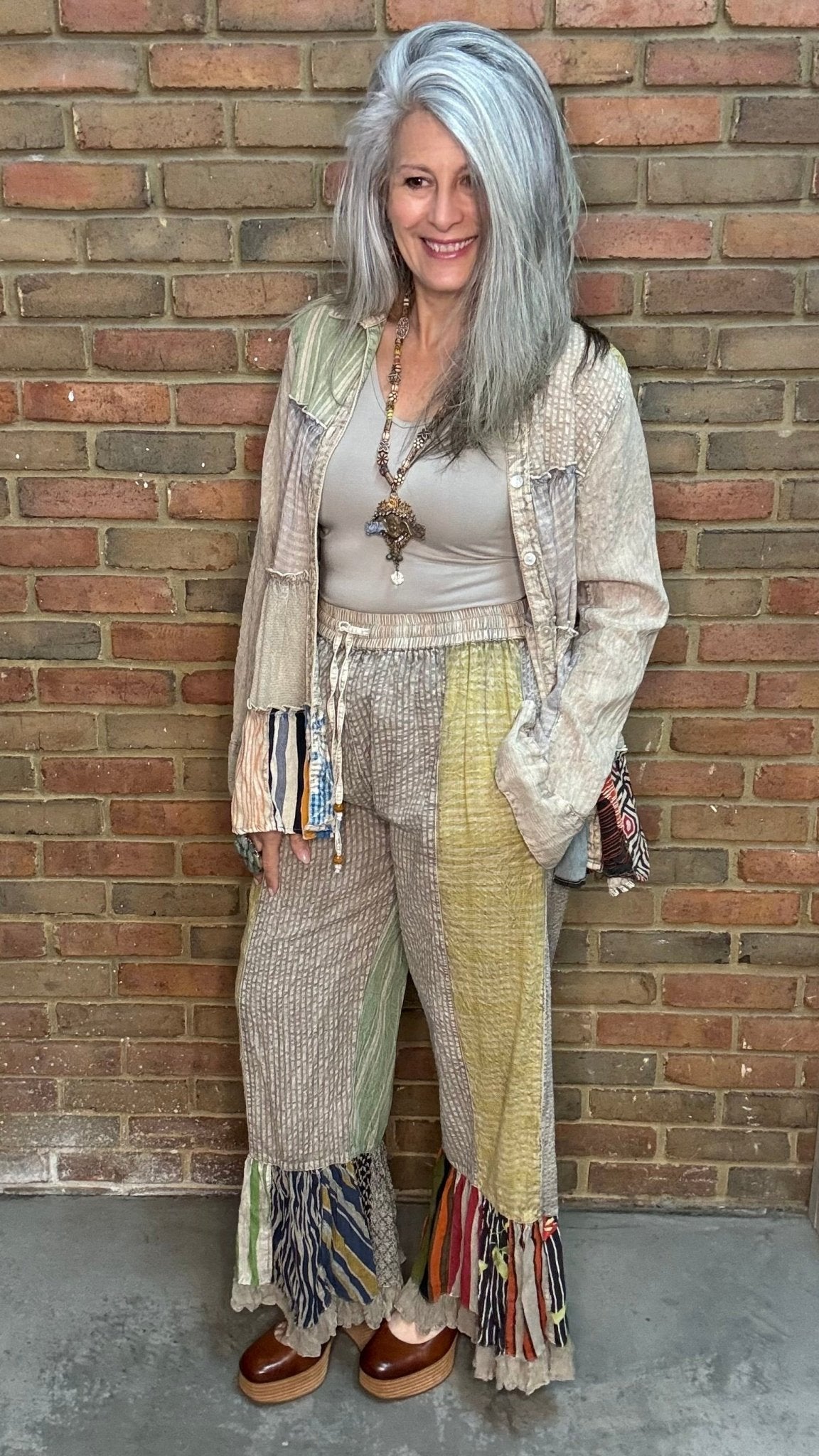 Sand Tiered Patchwork Shirt - Vintage Vault Boutique