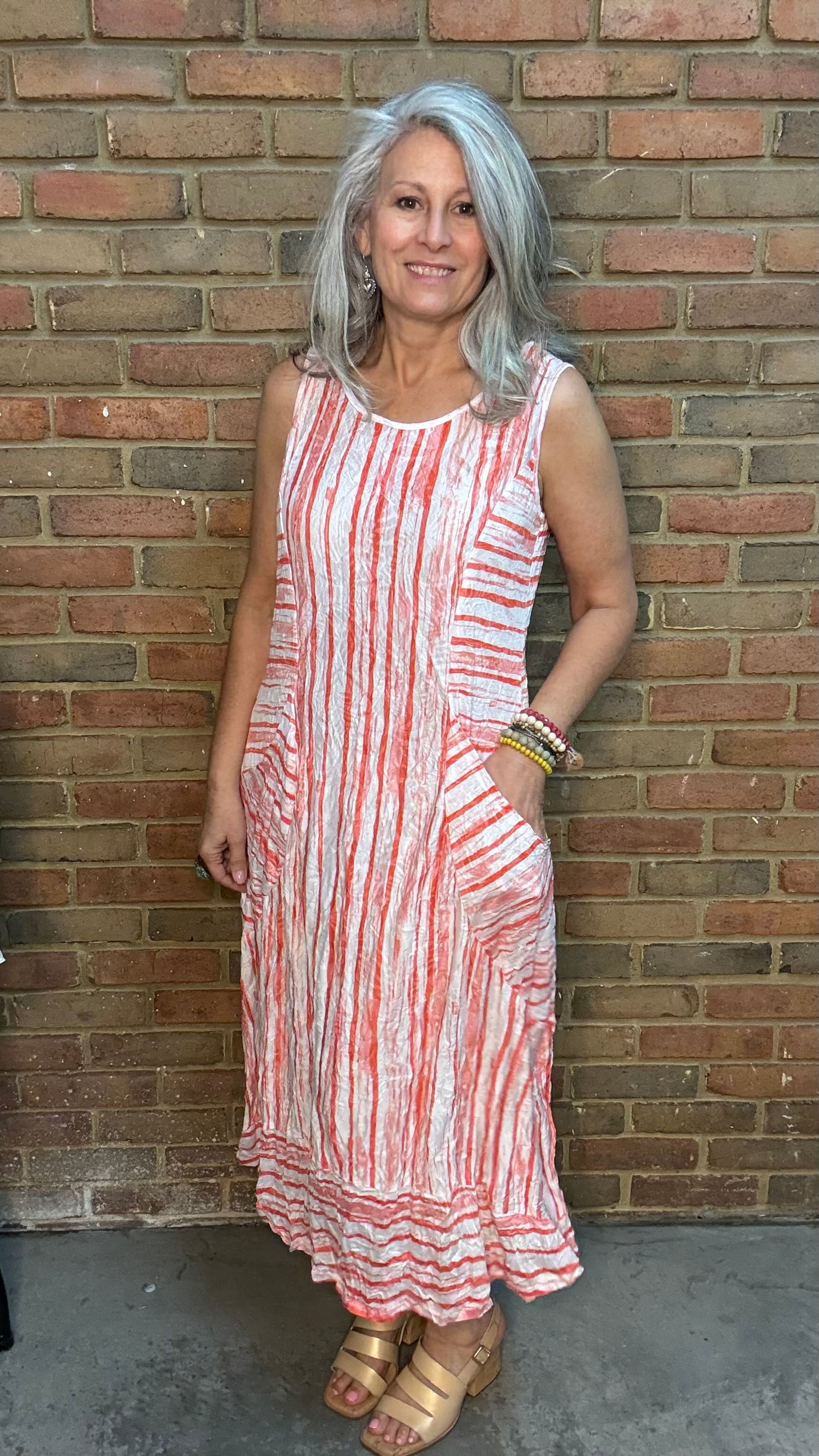 Coral Stripe Slvlss Crinkle Dress
