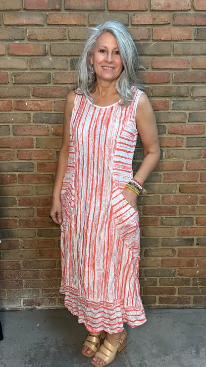 Coral Stripe Slvlss Crinkle Dress