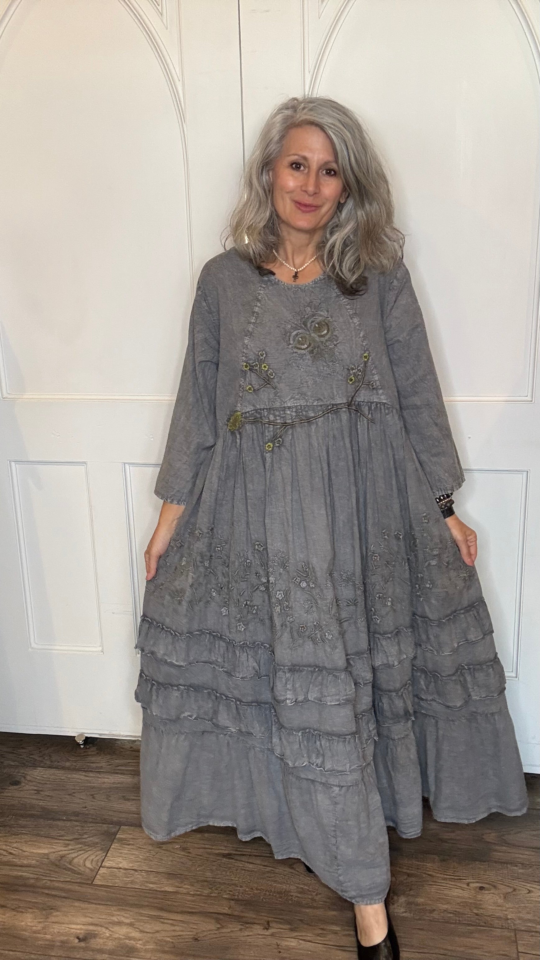 Gray Long Flare Dress with Ruffles