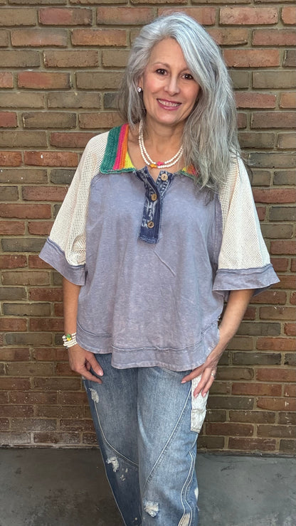 Woman wearing Rainbow Collar Henley Top paired with Big Pocket Denim Pants and the Brittney Necklace and Brittney 5 Piece Bracelet Set