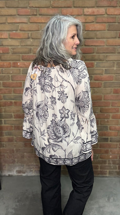 Ivory Printed Tie Neck Top