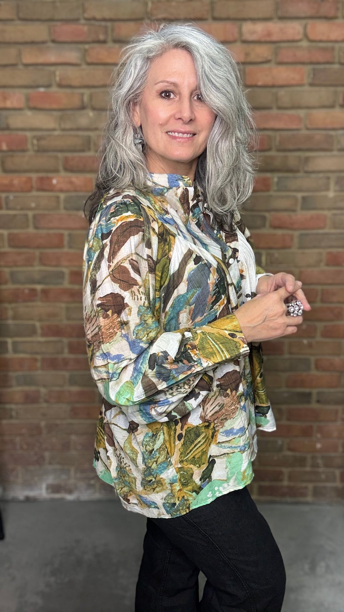 Abstract Floral Printed Button Down Blouse