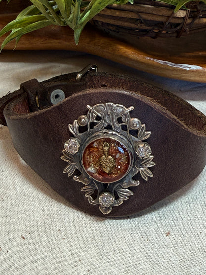 Red Sacred Heart on Leather Buckle Bracelet