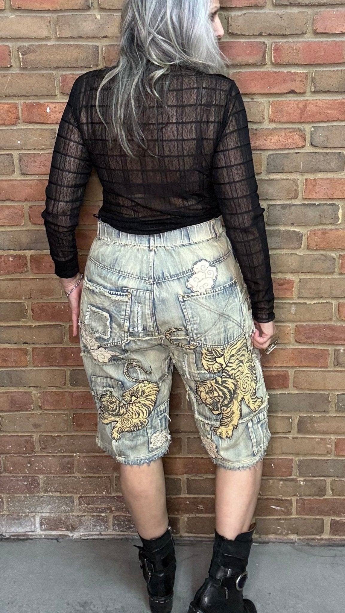 Tiger Applique Patchwork Jorts - Vintage Vault Boutique