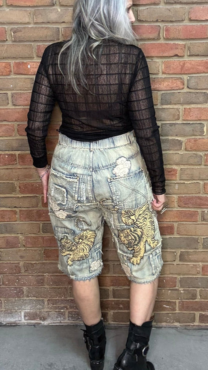 Tiger Applique Patchwork Jorts - Vintage Vault Boutique