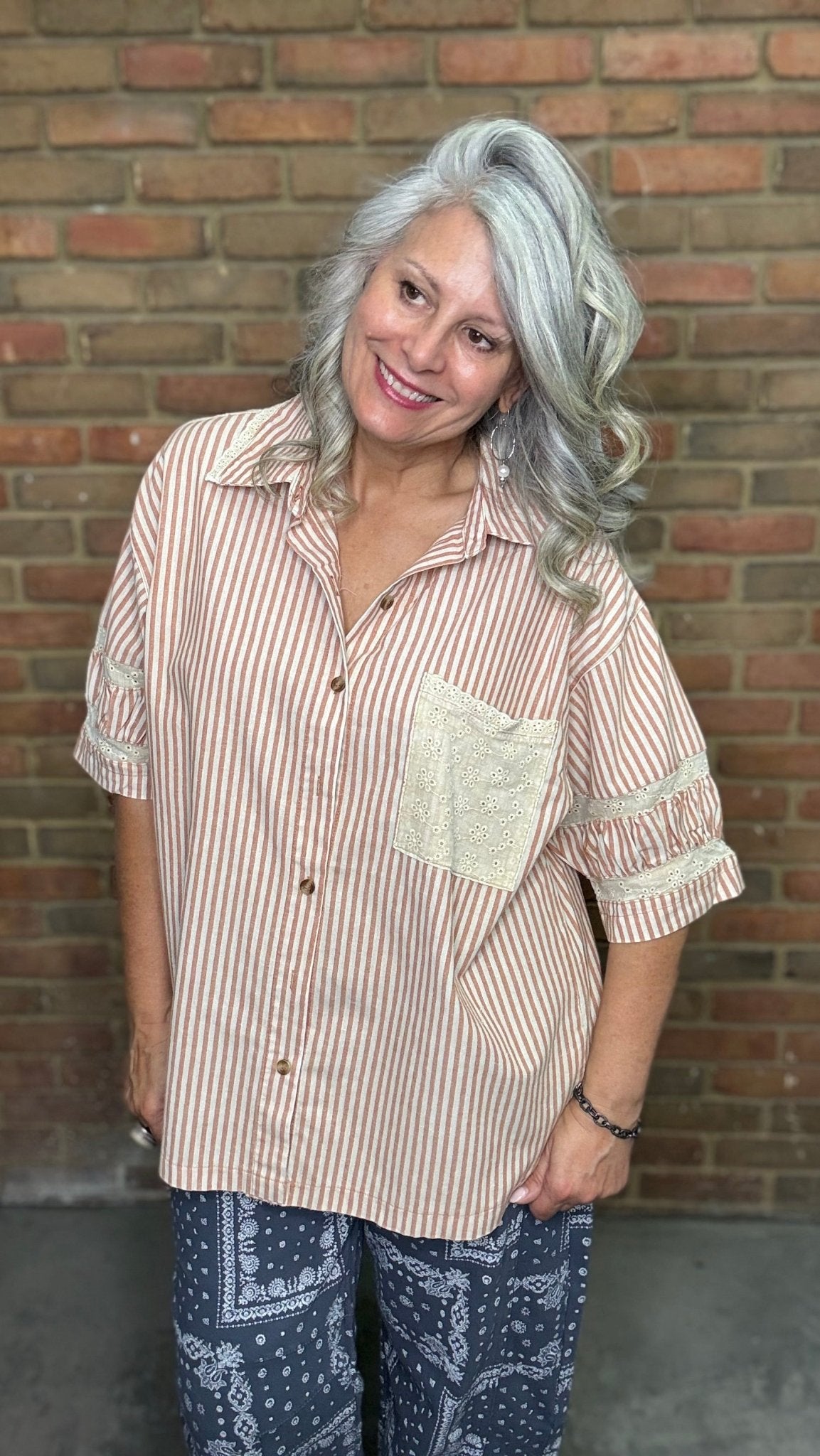 Red Striped Linen Top - Vintage Vault Boutique