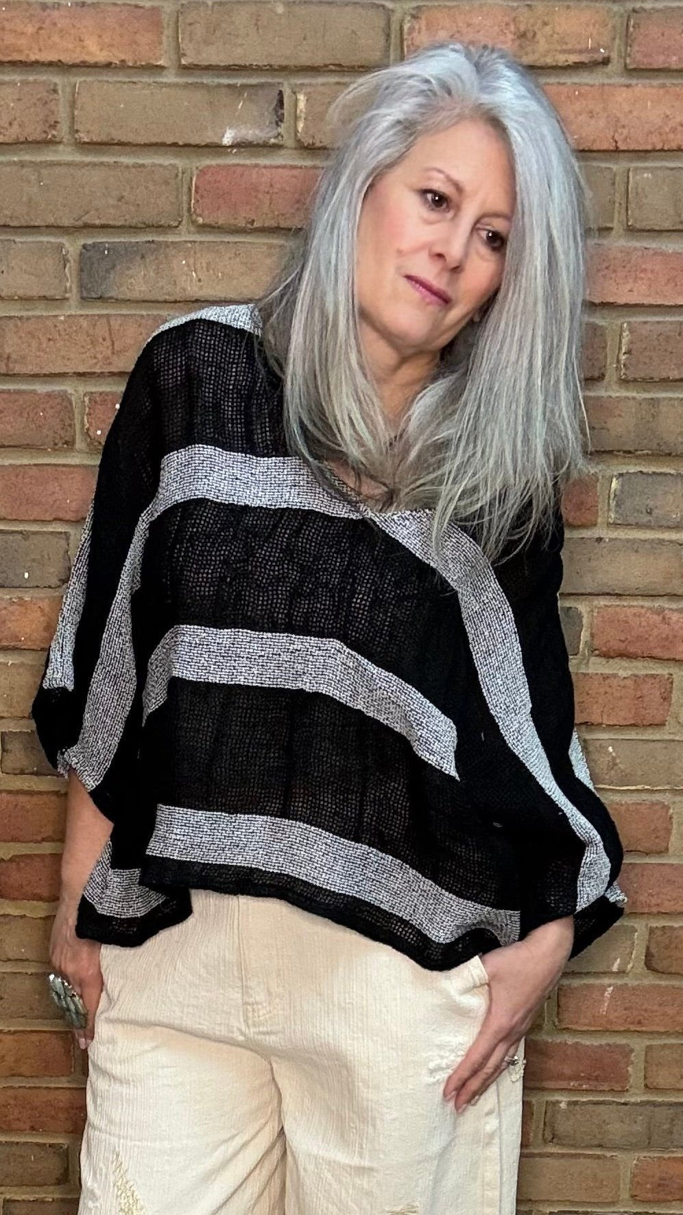 Charcoal and Black Striped Linen Topper - Vintage Vault Boutique