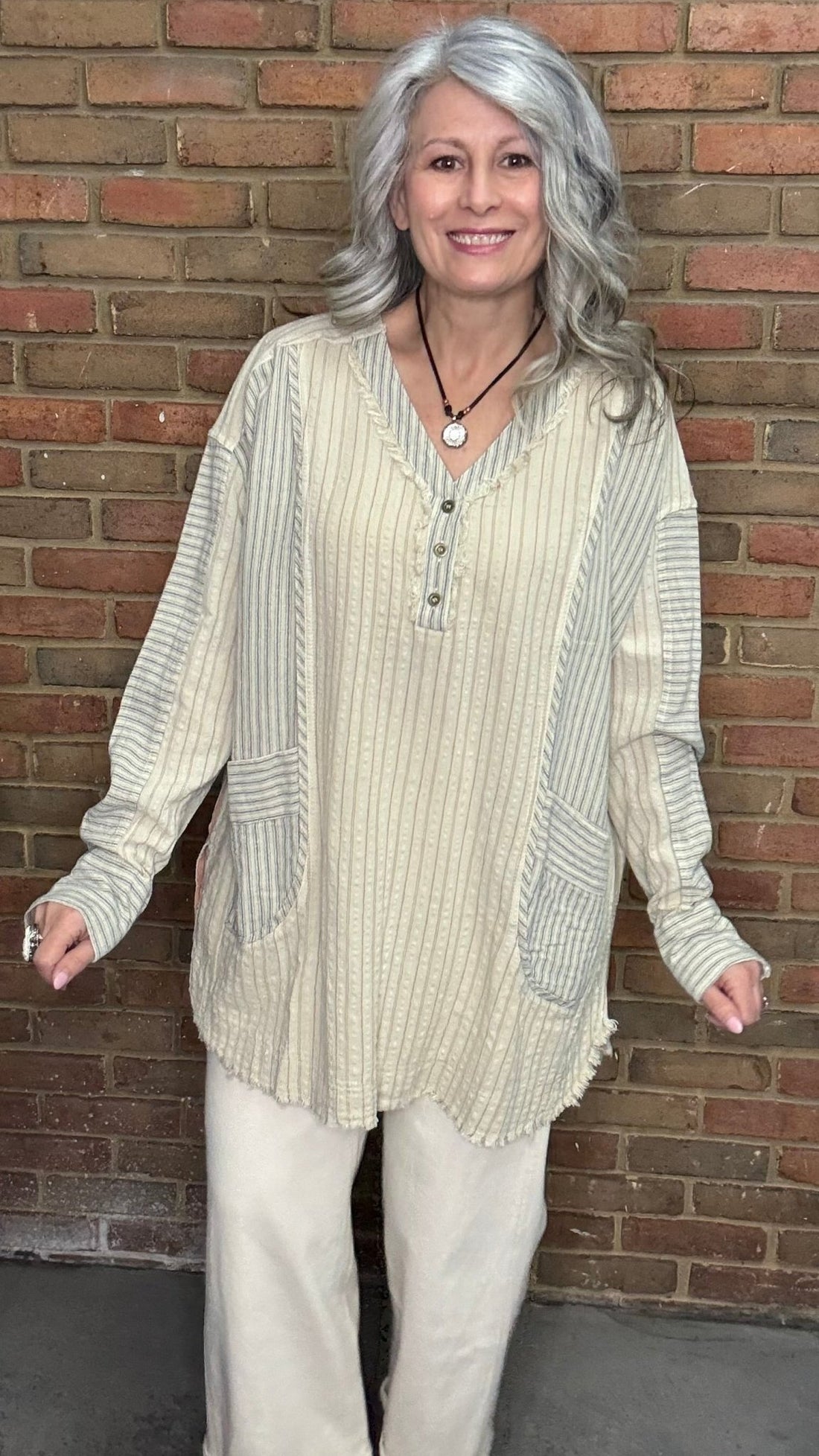 Striped Henley and Lace Detail Top - Vintage Vault Boutique