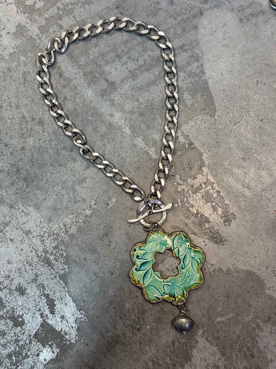 Teal Embossed Flower Necklace