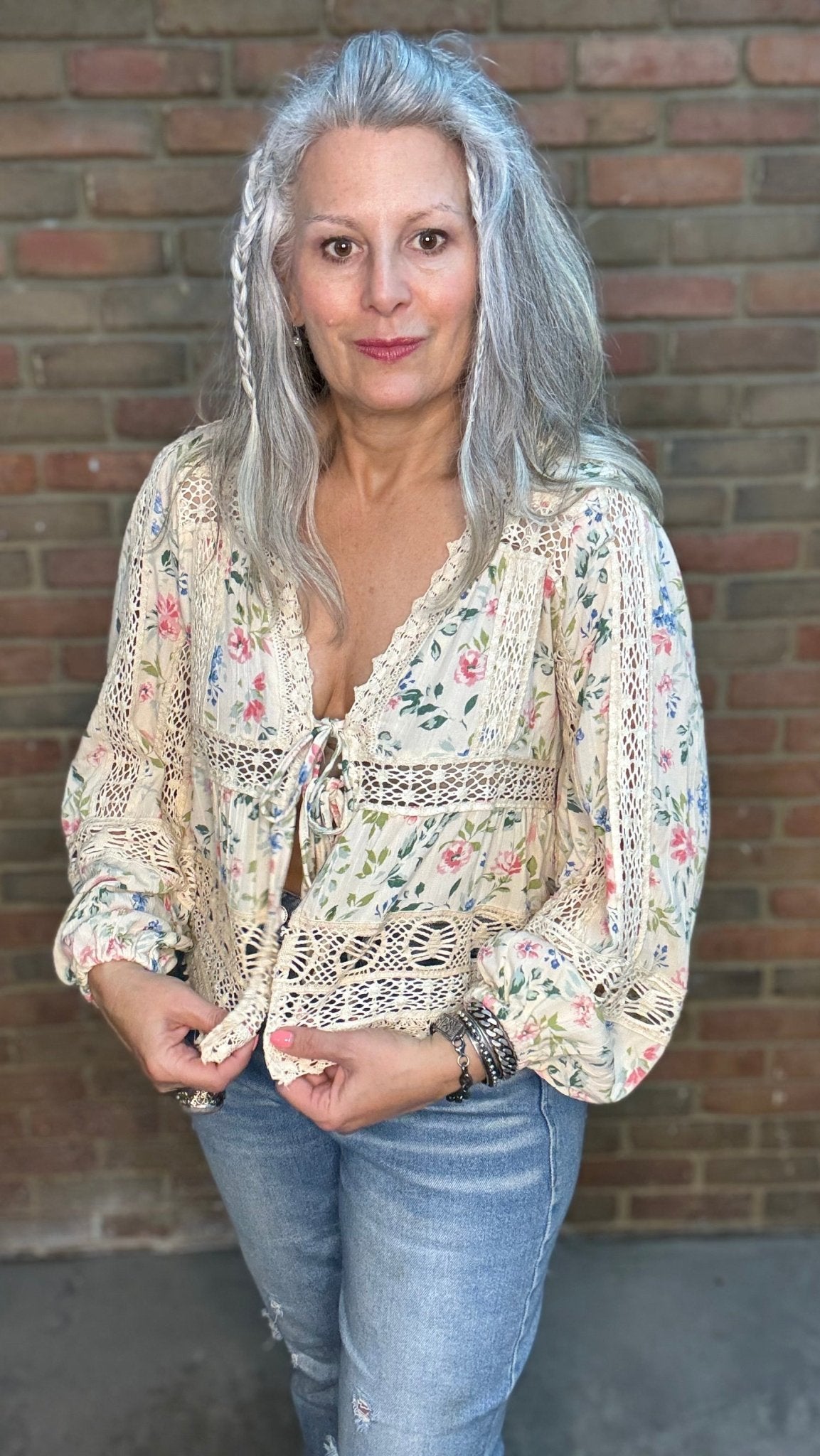 Long Sleeve Floral and Lace Tie Top - Vintage Vault Boutique