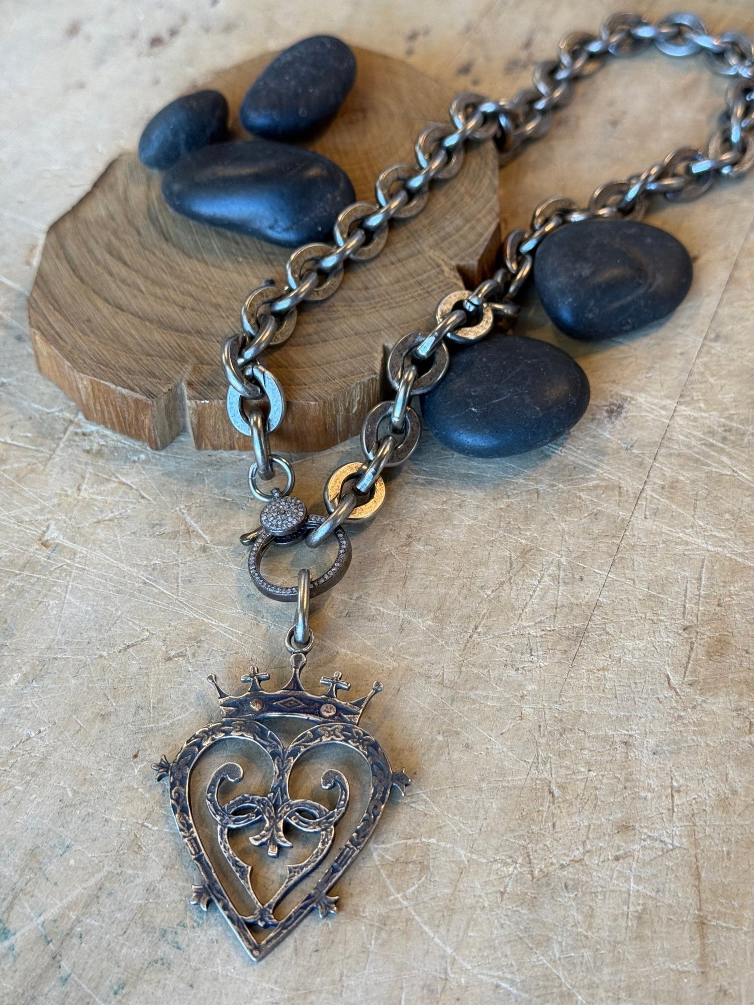 Crown Heart on Diamond Charm Holder Necklace - Vintage Vault Boutique