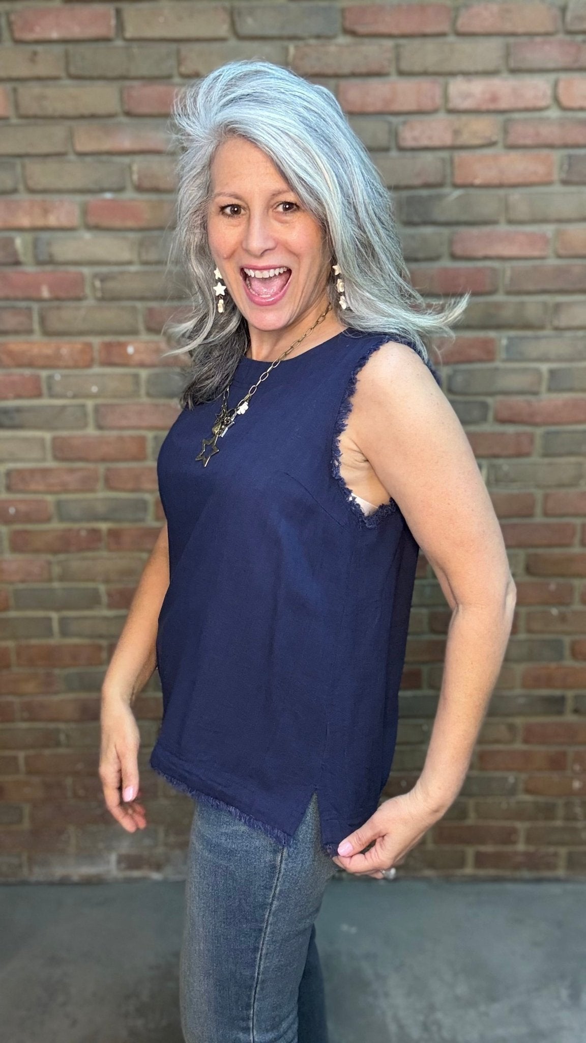 Navy Raw Edge Tank Top - Vintage Vault Boutique