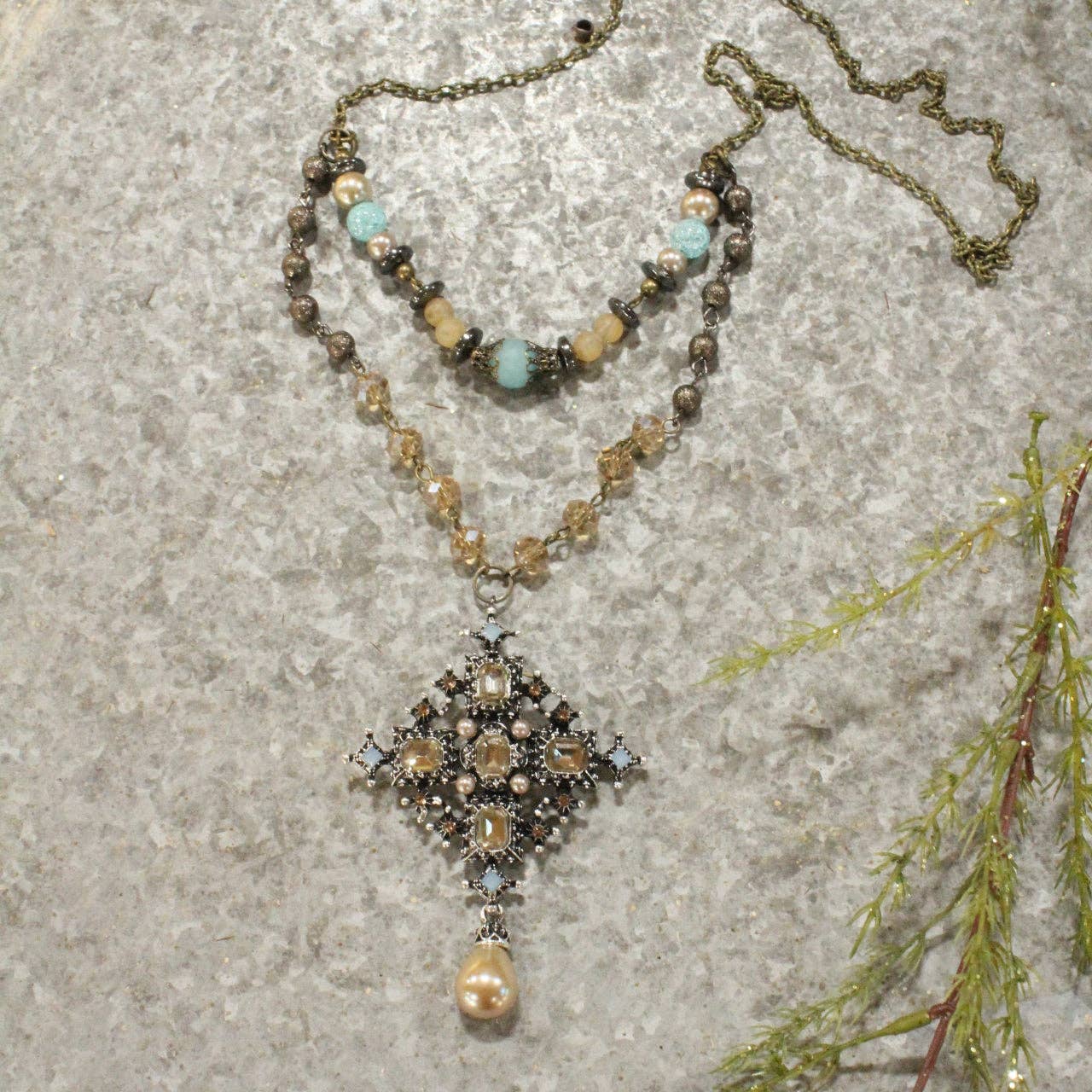 Classy Blue &amp; Topaz Glass With Mixed Metals Layered Necklace