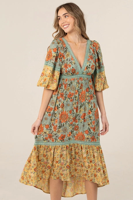 Long Sleeve V-Neck Hi-Lo Dress
