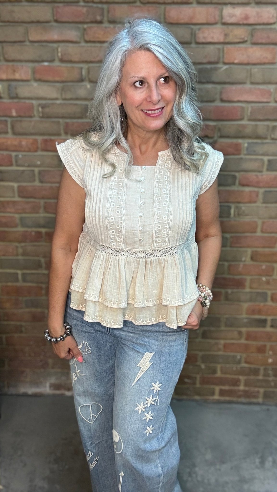 Tan Pleated Eyelet Top - Vintage Vault Boutique