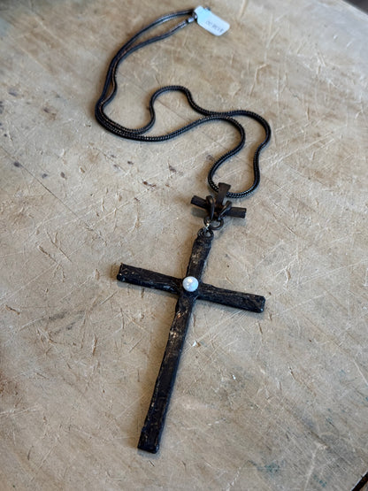 Large Rustic Cross with Pearl Center on 925 Chain