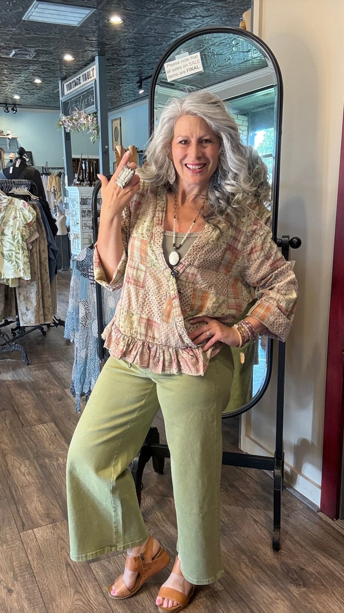 Green High Rise Drawstring Crop Wide Leg Jean - Vintage Vault Boutique