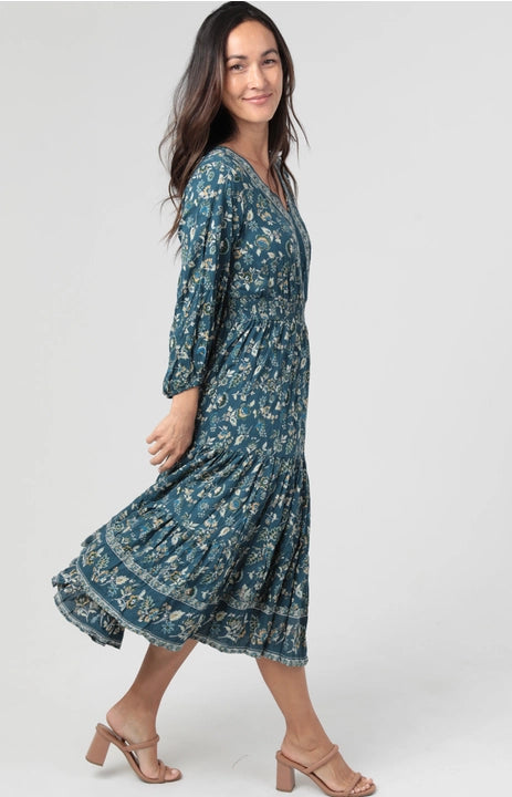 Teal Smocked Waist Midi Dress