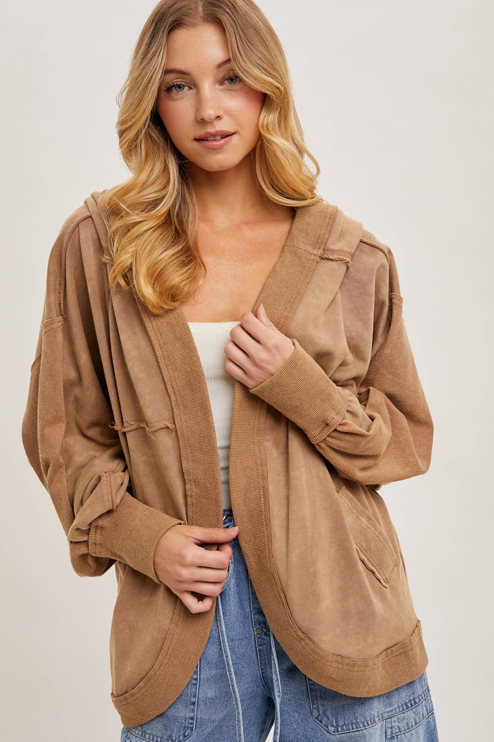 Washed Open Front Hoodie Cardigan LATTE