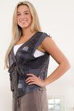 Side view of Patchwork Charcoal Vest on a model.