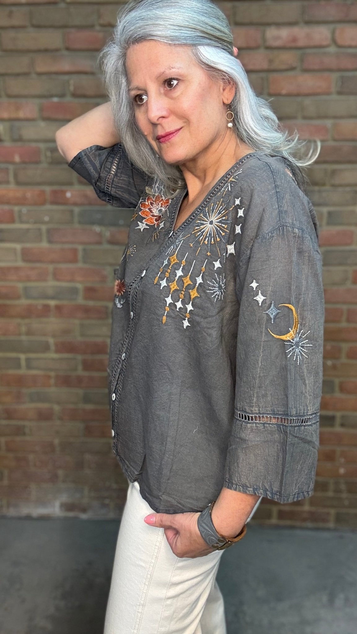 Jovanna - Dark Grey Embroidery Shirt - Vintage Vault Boutique