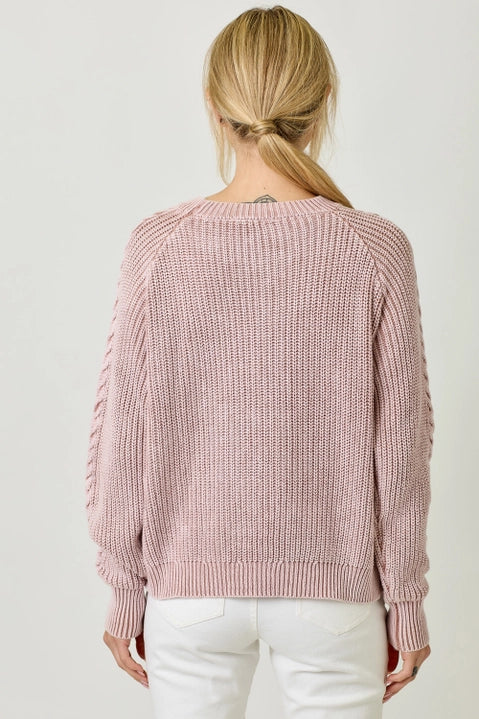 Washed Cable Knit Sweater - Rose