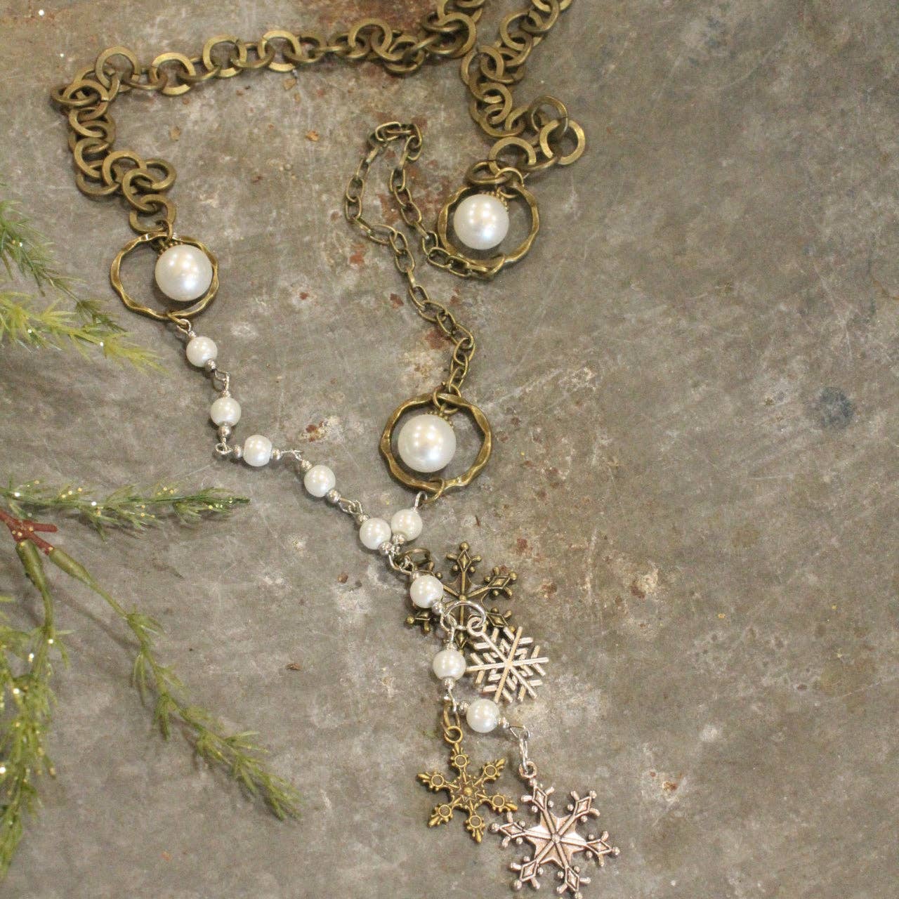 Mixed Metals Adorned With Pearls &amp; Snowflakes Pendant Necklace