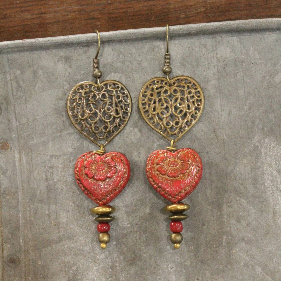 Red Czech Double Heart Earrings Valentine