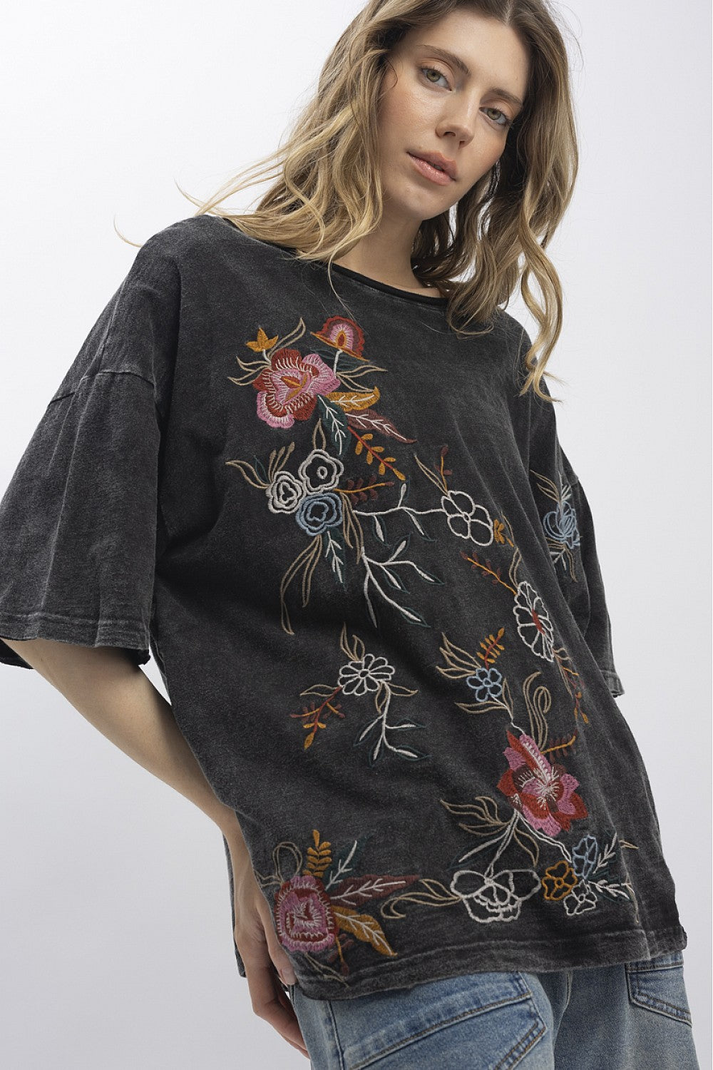 Black Mineral Washed Embroidery Top