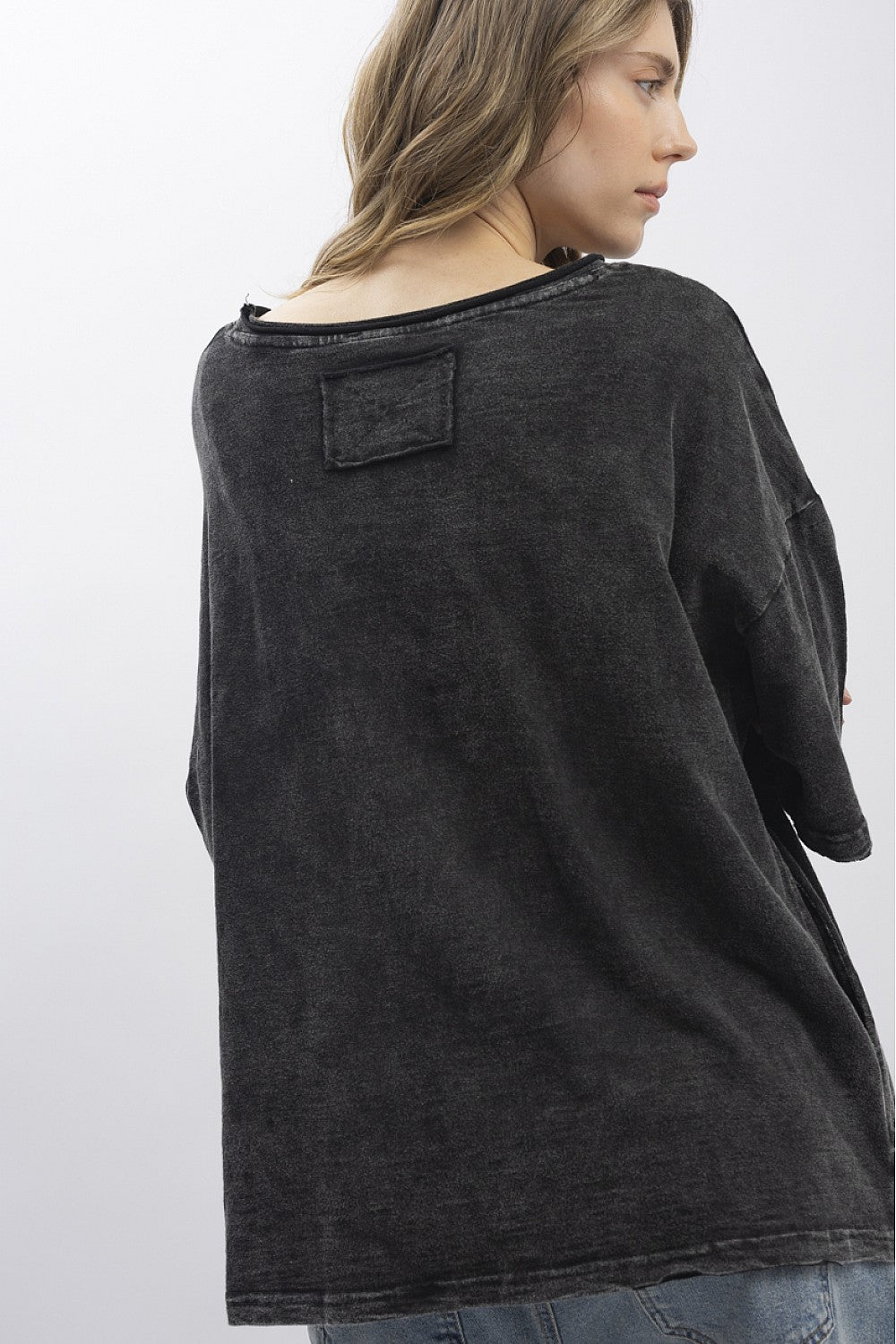 Black Mineral Washed Embroidery Top