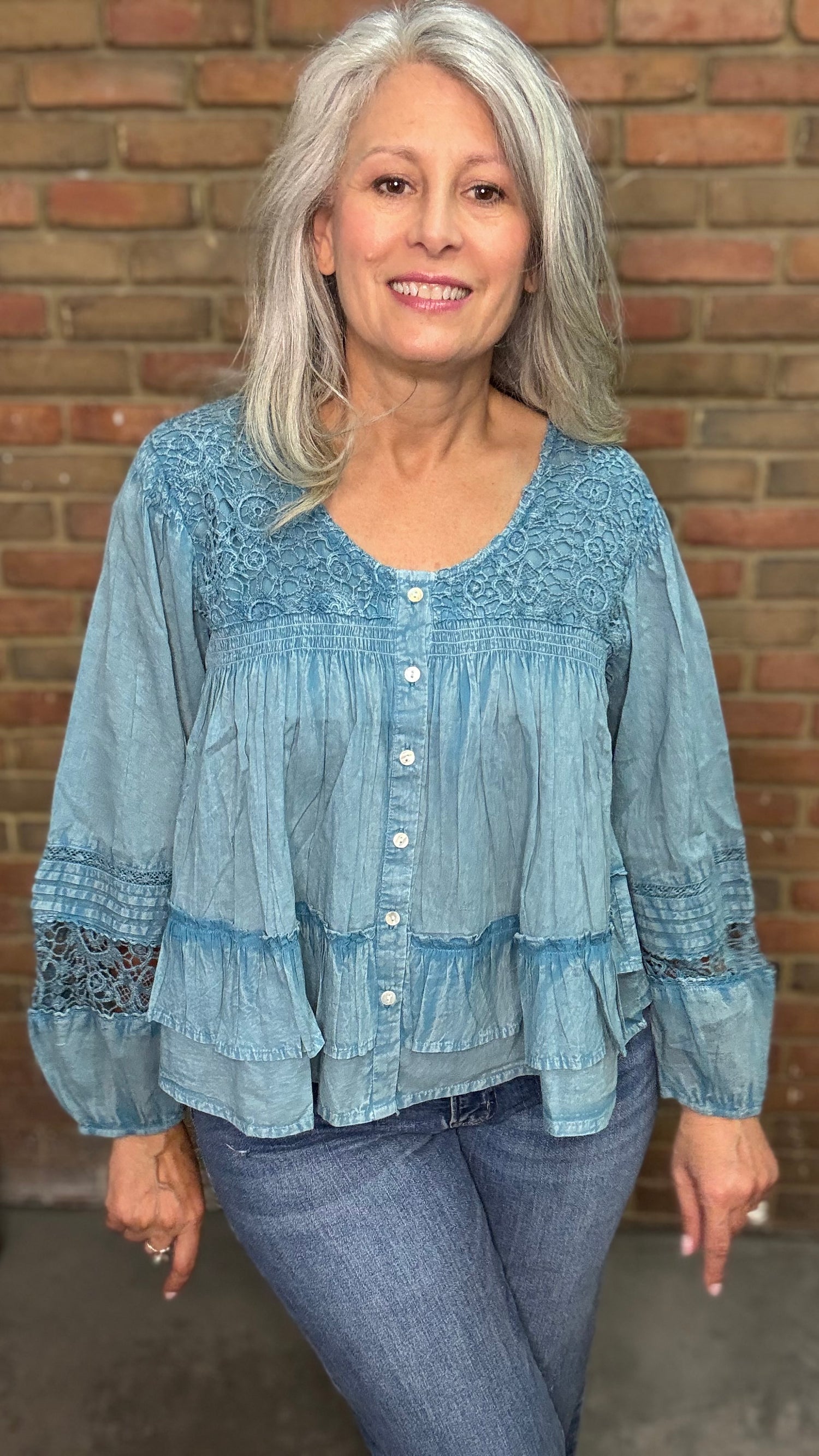 Denim Lace Button Up Top