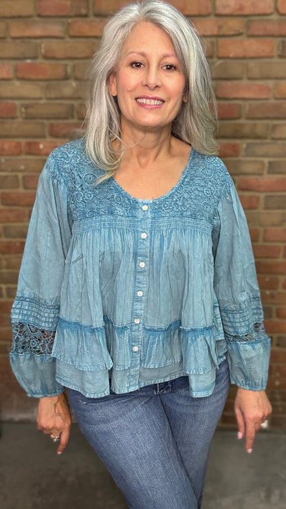 Denim Lace Button Up Top