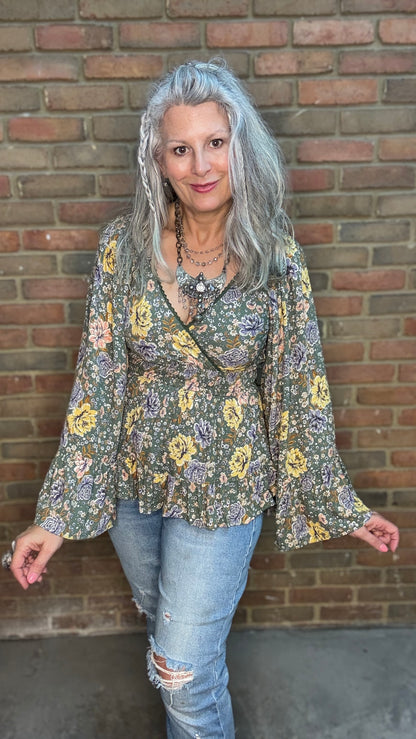 Long Flare Sleeve Flowy Top - Olive