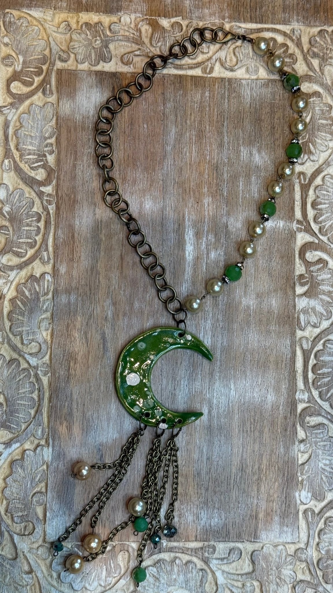 Green Ceramic Moon Necklace - Vintage Vault Boutique