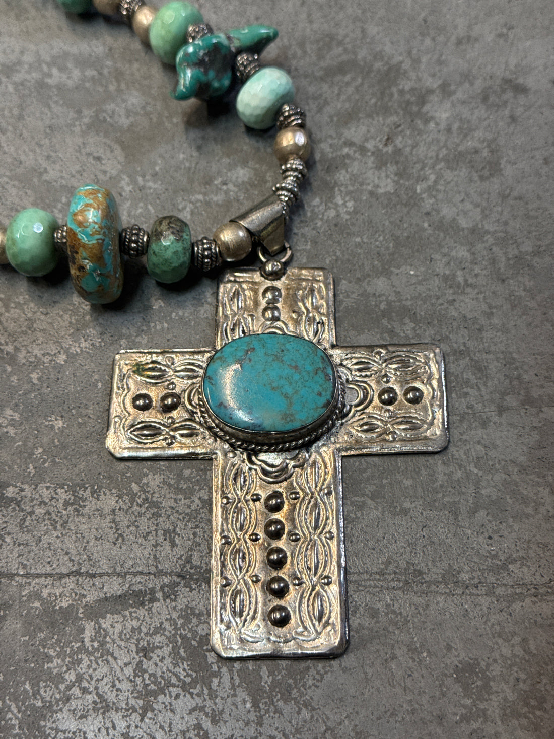 Silver Cross with Turquoise on Leather Necklace