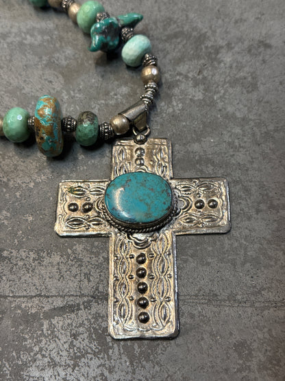 Silver Cross with Turquoise on Leather Necklace