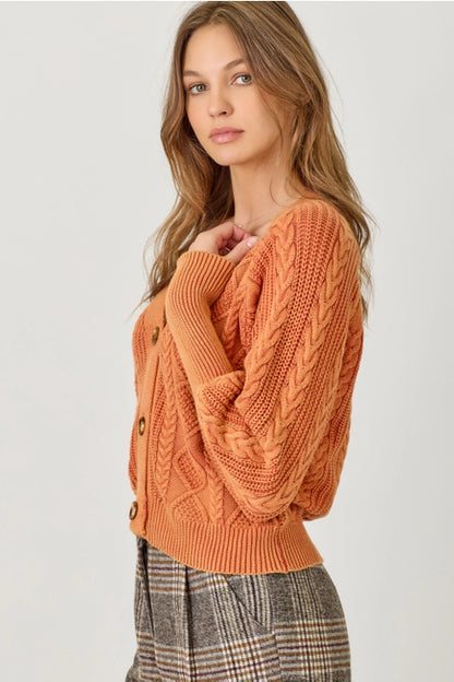 Washed Cable Knit Cardigan - Burnt Orange