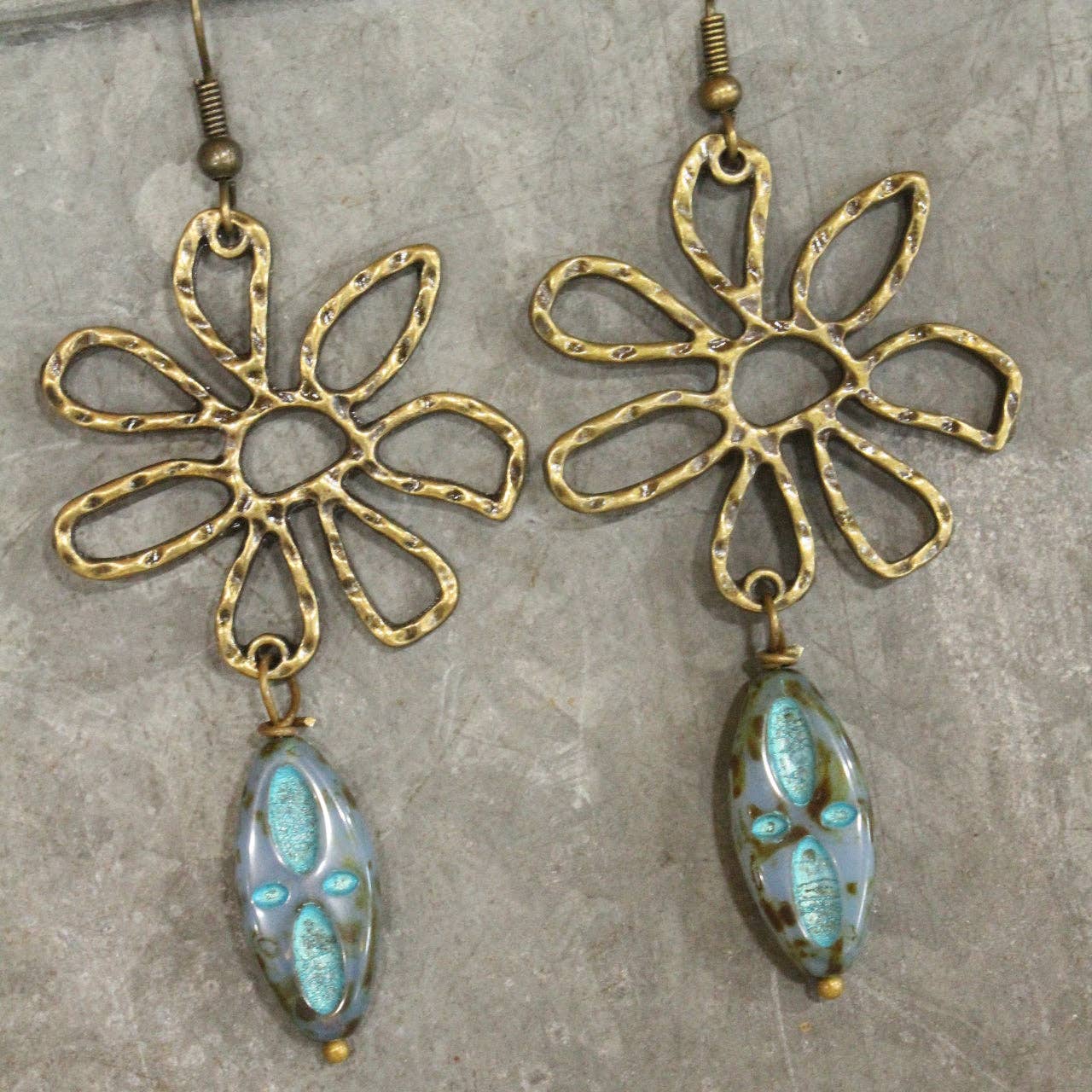 Hammered Wildflower &amp; Glass Czech Pendant Drop Earrings