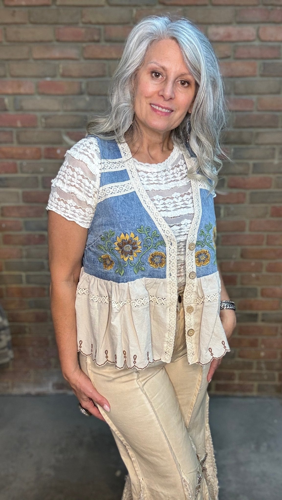 Sunflower Embroidery Vest - Vintage Vault Boutique