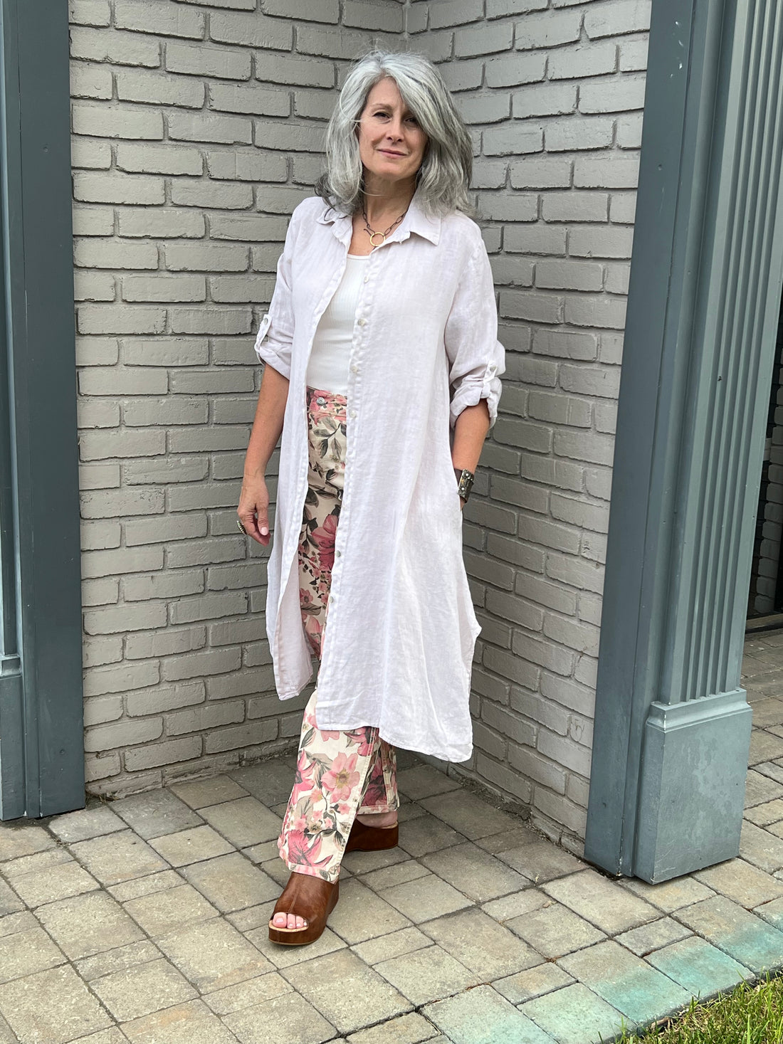 Linen Button Front Beige Shirt Dress
