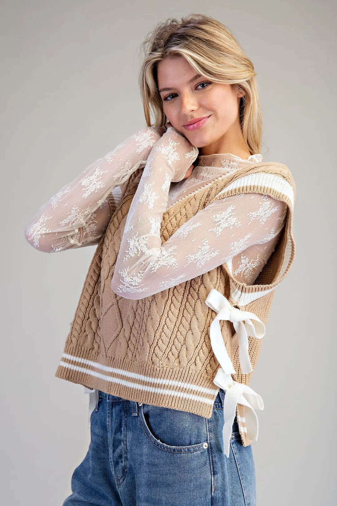 Toffee Cream Side Tie Sweater
