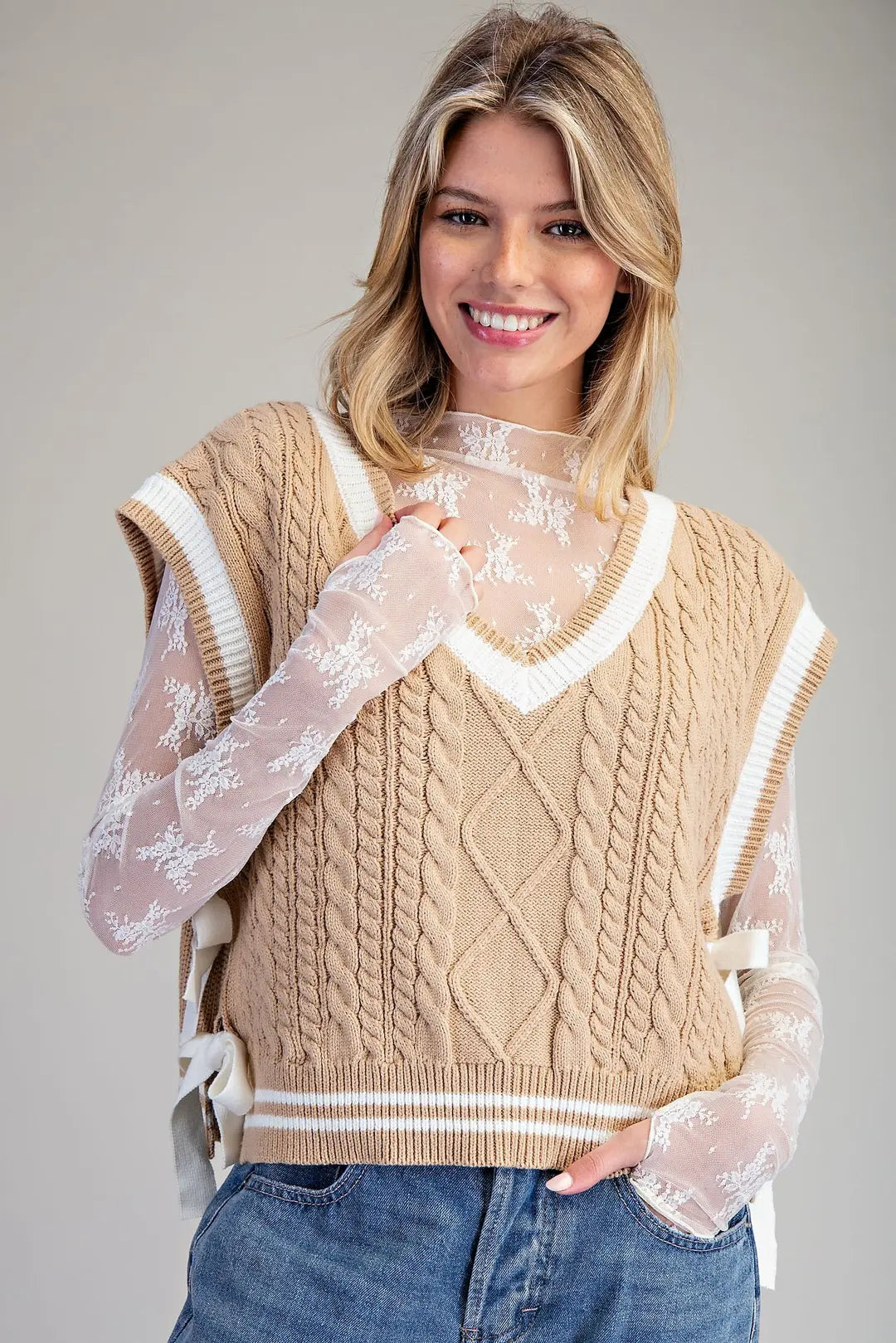 Toffee Cream Side Tie Sweater