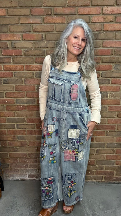 Embroidered Patchwork Denim Overalls - Vintage Vault Boutique