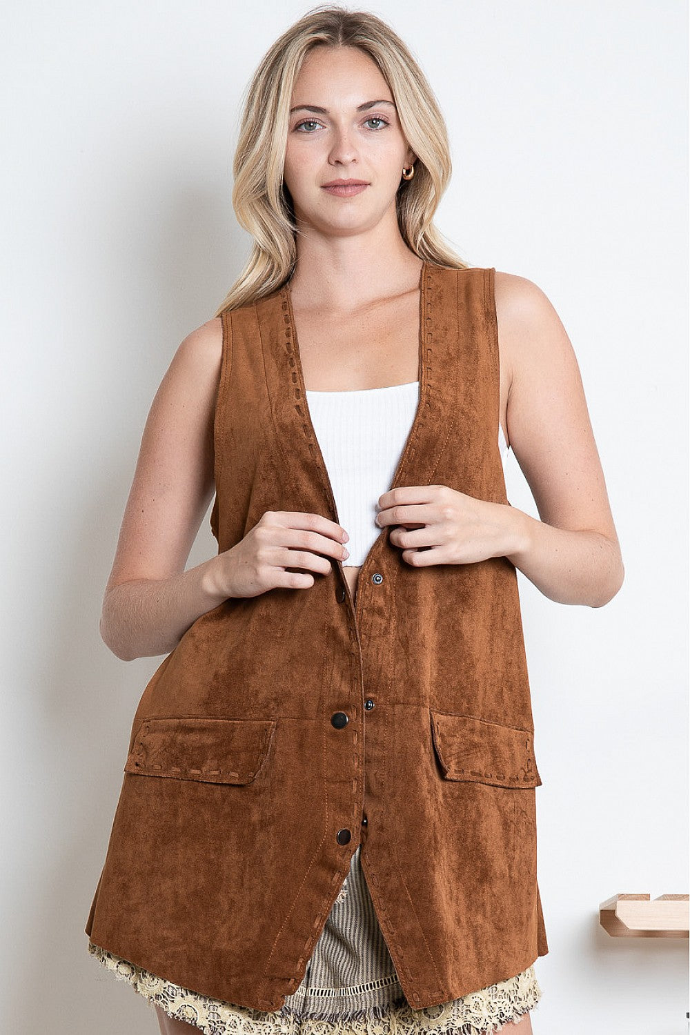 Suede Long 3 Button Vest