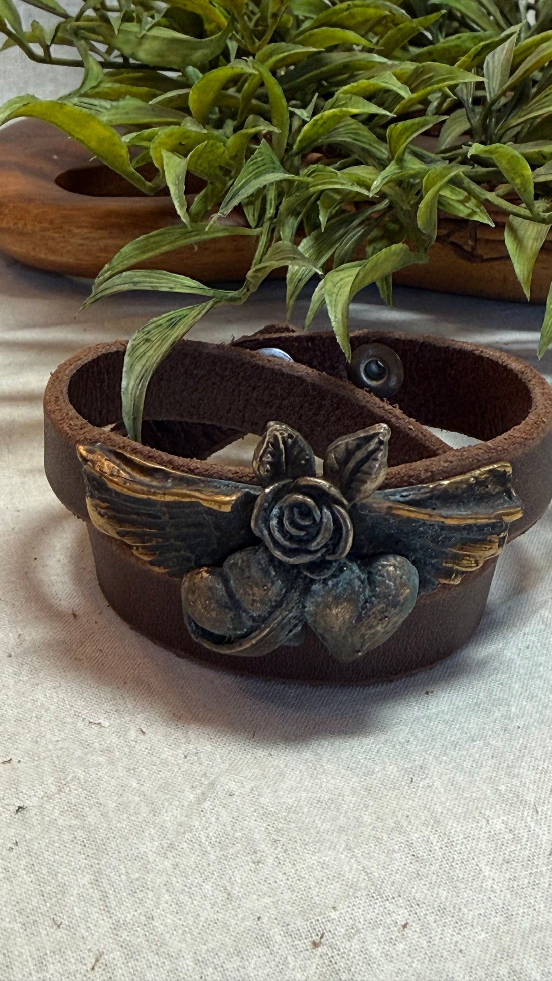 Leather with Brass Double Heart Bracelet