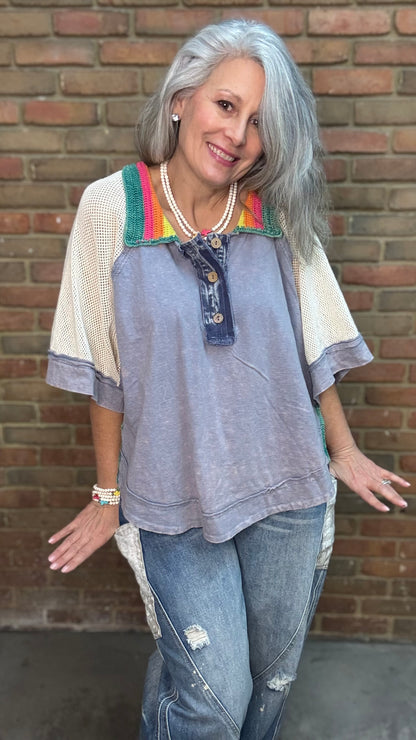 Woman wearing Rainbow Collar Henley Top paired with Big Pocket Denim Pants and the Brittney Necklace and Brittney 5 Piece Bracelet Set