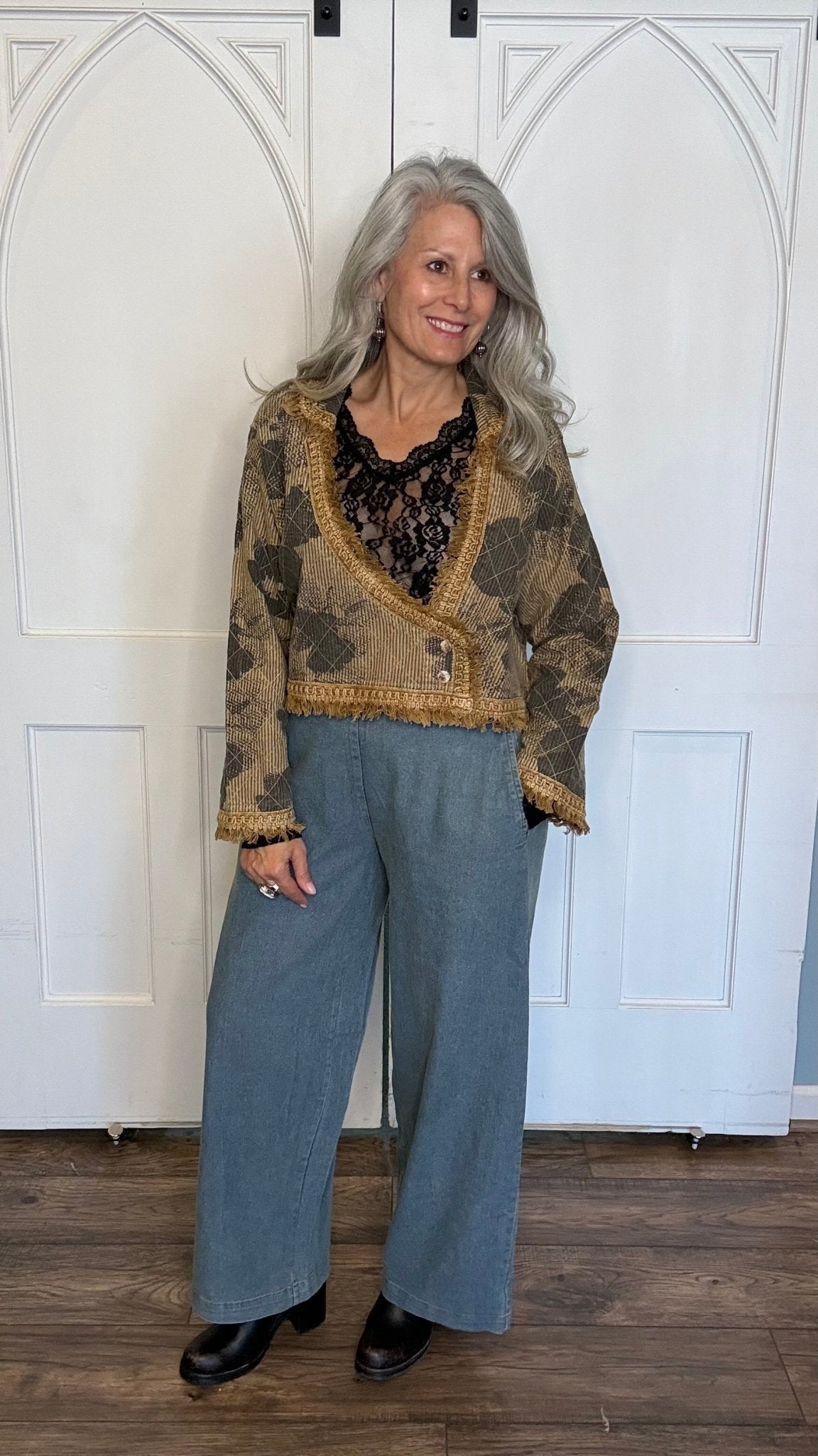 Short Mustard Print Fringe Jacket - Vintage Vault Boutique