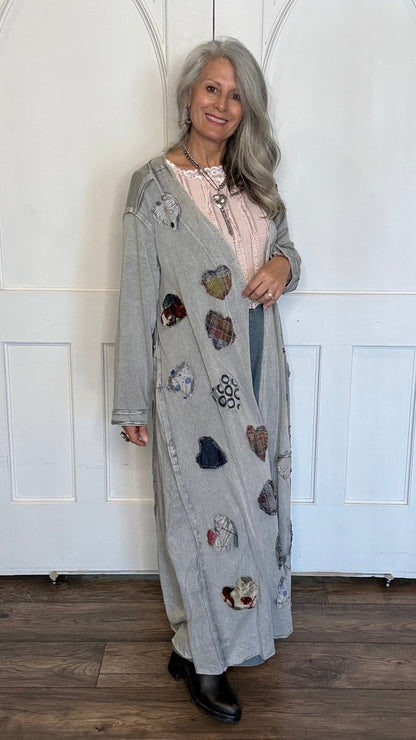 Long Grey Hearts Patch Jacket - Vintage Vault Boutique